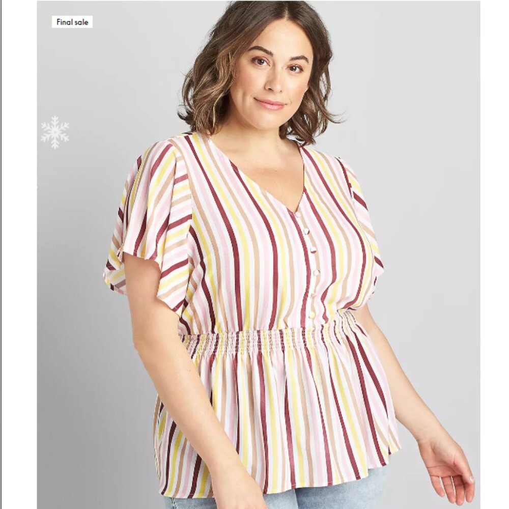 Lane‎ Bryant Top size 24 Plus Multi Striped Short-Sleeve V-Neck Smock Waist
